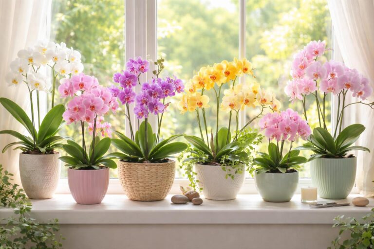 Színes orchideák különböző lakásbelsőkben elhelyezve