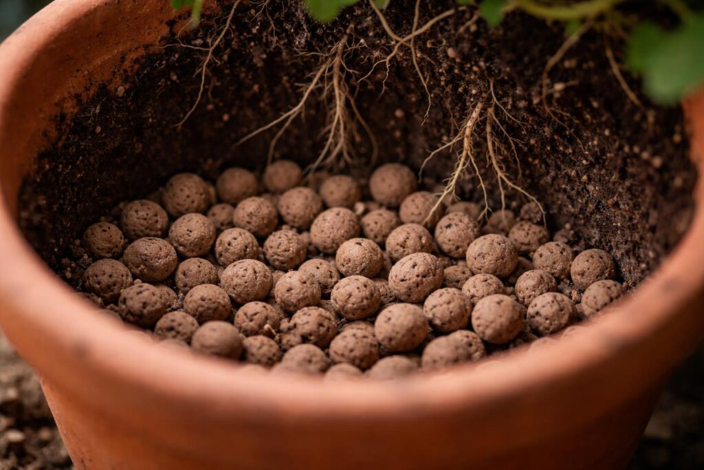 Agyaggolyók a cserép alján segítik a vízelvezetést