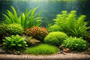 Akváriumi növények egészséges zöld levelekkel a víz alatt