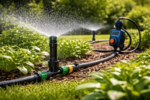 Automata öntözőrendszer kertben, egészséges és zöld növények