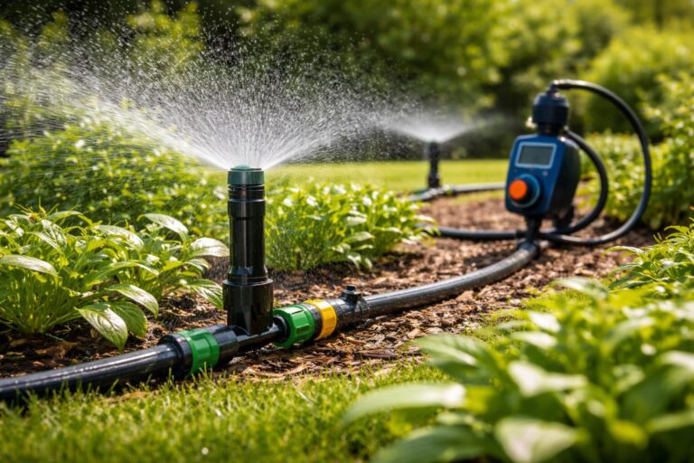 Automata öntözőrendszer kertben, egészséges és zöld növények