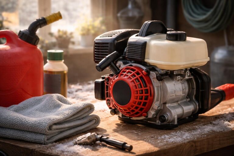 Benzines motor karbantartása és téli tárolása kertben