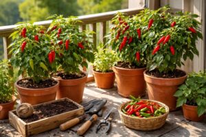 Chili növény balkonon nő, napfényben, zöld levelekkel