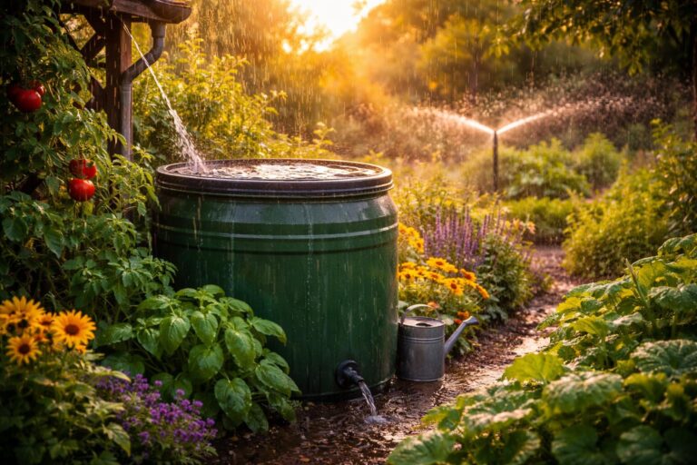 Esővízgyűjtő tartály és kiskerti növények