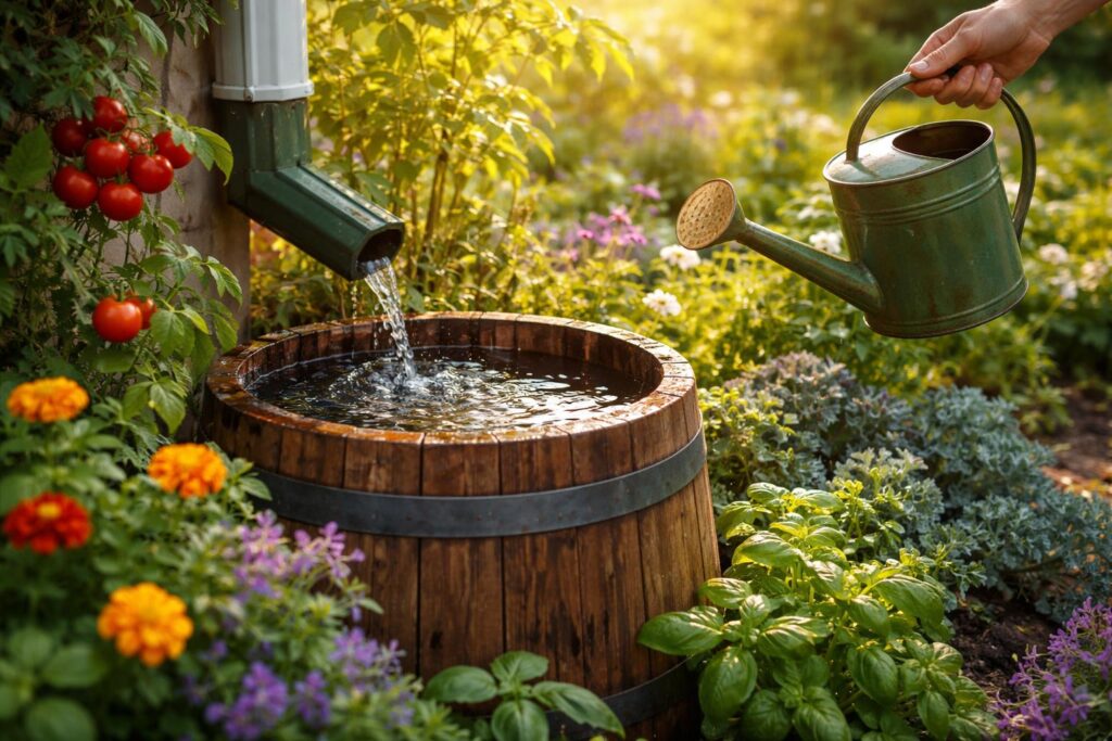 Esővízgyűjtő hordó kiskertben növények öntözéséhez