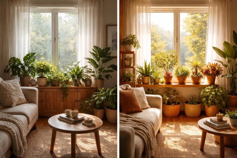 Lakás északi és déli ablakok növényekkel, napfény és árnyék élethű ábrázolása