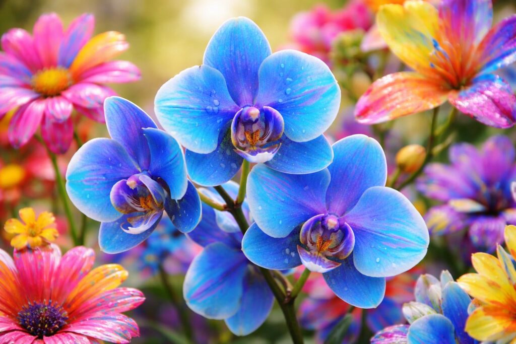 Kék orchidea és festett virágok közelről, élénk színekben