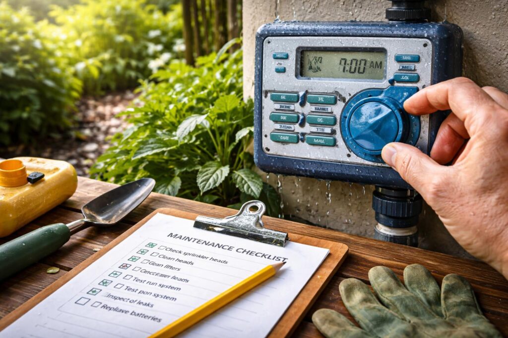 Automata öntözőrendszer karbantartása szerszámokkal és kézikönyvvel