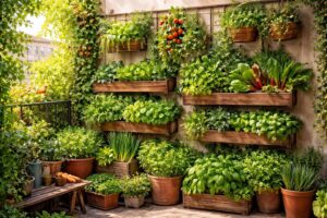 Függőleges konyhakert zöldségekkel és fűszernövényekkel egy erkélyen
