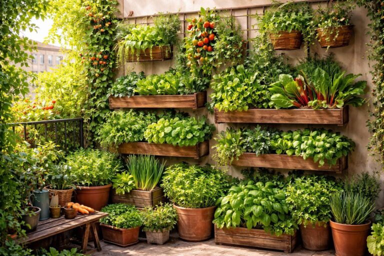Függőleges konyhakert zöldségekkel és fűszernövényekkel egy erkélyen