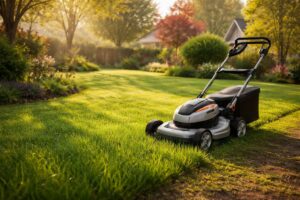 Fűnyíró gép munka közben zöld gyepen tavaszi kertben