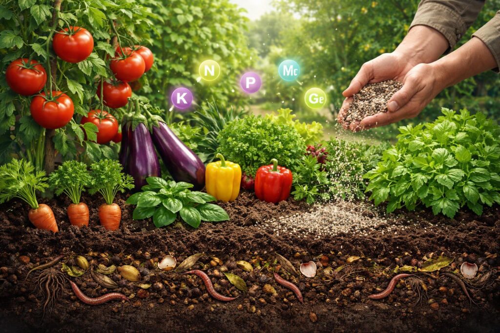 Bio-kertész talajvizsgálat, természetes tápanyagok kiszórása friss ágyásban