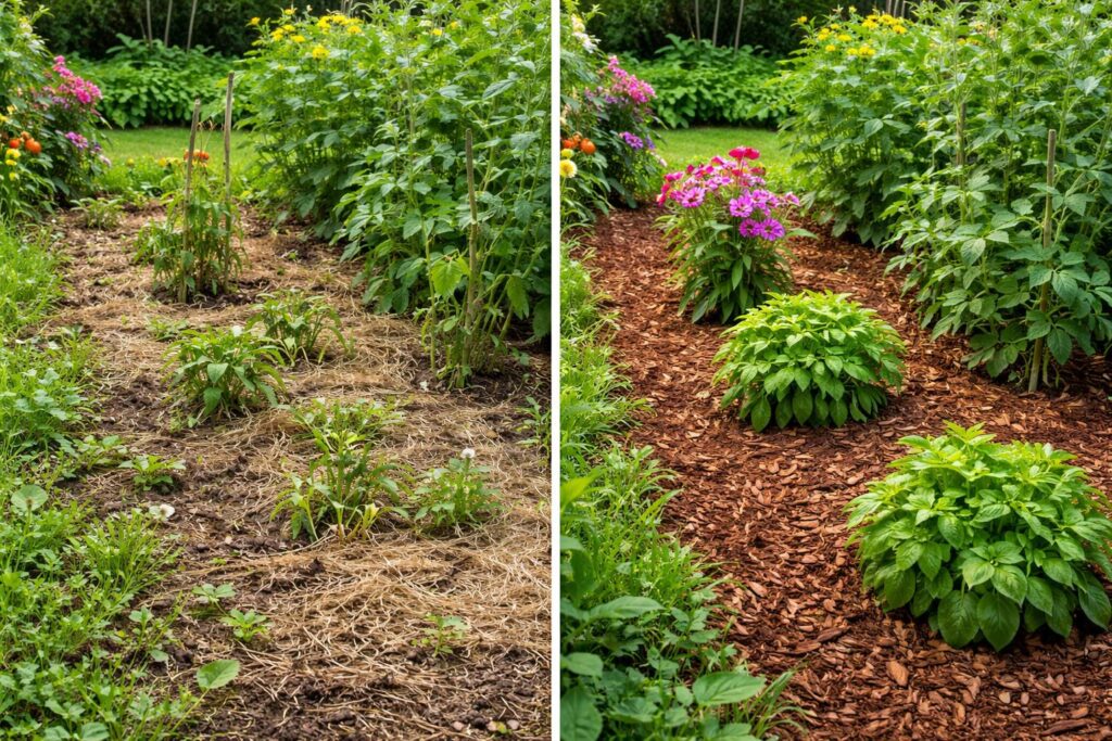 Mulcsozás technika kertben, talaj takarása víztakarékosság céljából