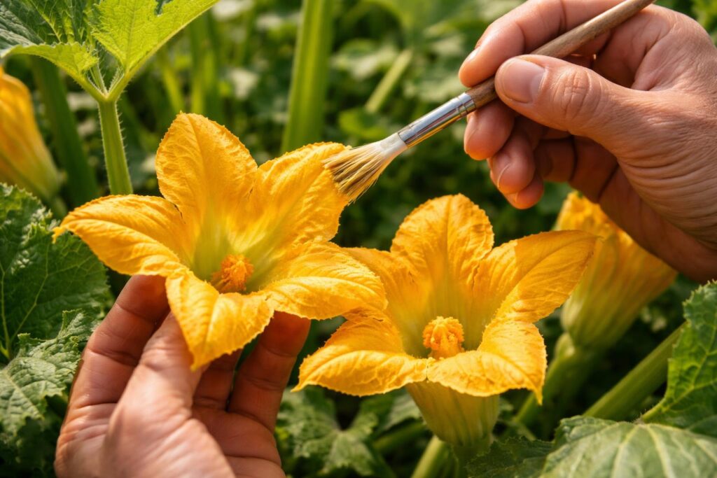 Kézzel történő cukkini és tökfélék beporzása a kertben, közelkép