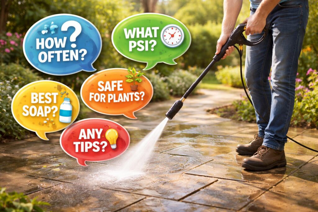 Magasnyomású mosó tisztít kerti burkolatot udvarban