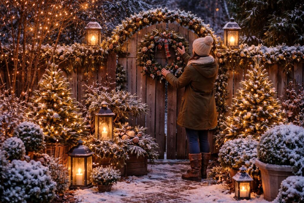 Karácsonyi dekoráció zöld növényekkel a kertben, természetes hangulat