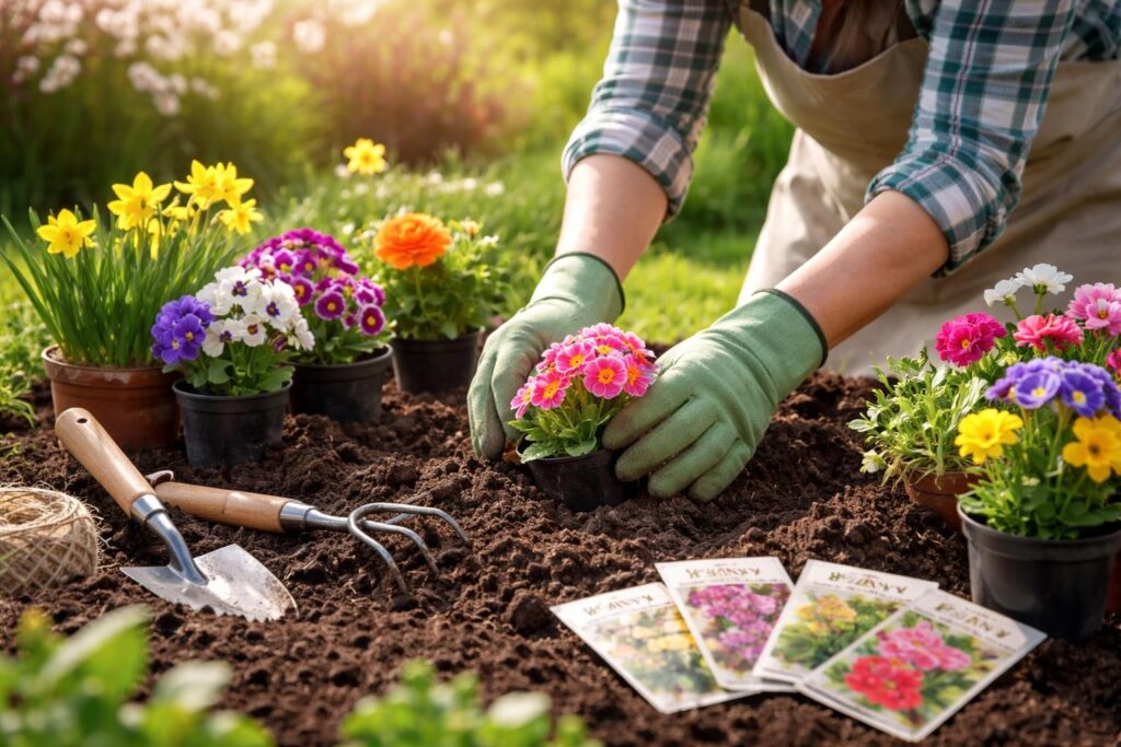 Kertészeti szezonális munkák virágokkal és szerszámokkal