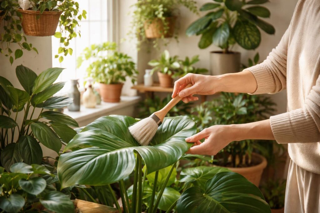 Szobanövény levelek portalanítása puha kendővel otthon