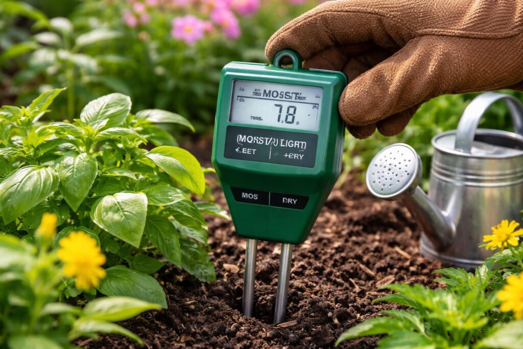 Talajnedvesség mérő használata kertben a túlöntözés elkerülésére