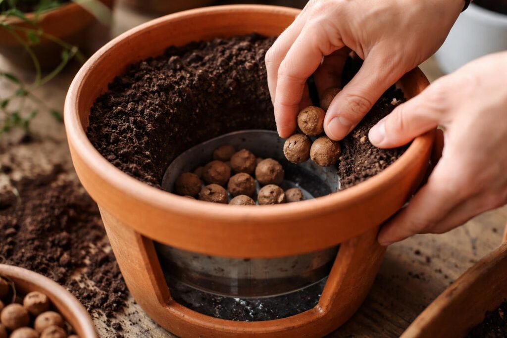 Víztározó edények és agyaggolyók a cserép alján növényekhez