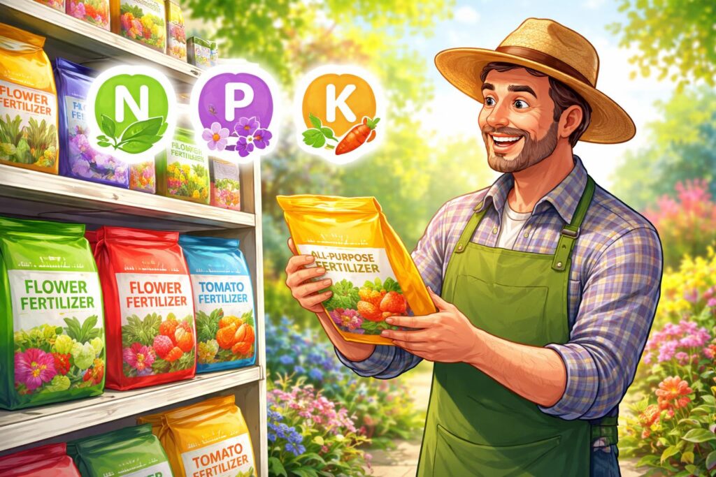 N-P-K műtrágyák csomagolása, különböző arányok és színek