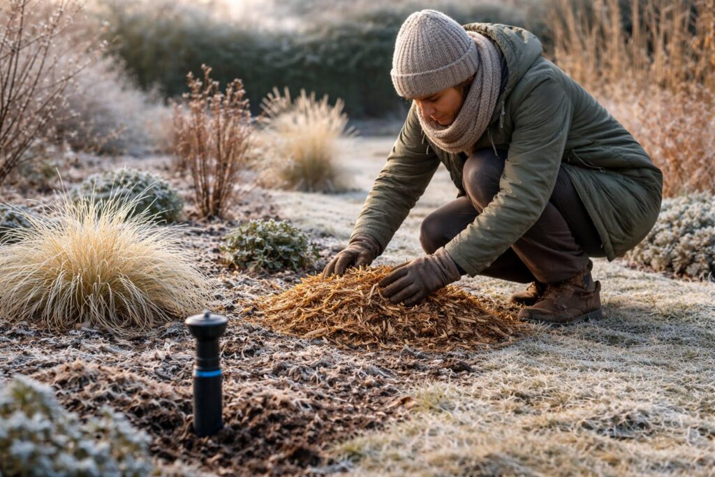 Télen leállított öntözőrendszer, zúzmarás kertben
