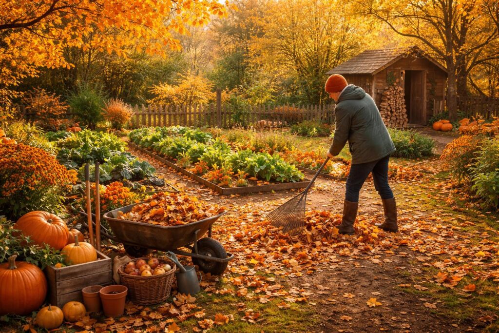 Őszi kert színes falevelekkel és készülődés a télre
