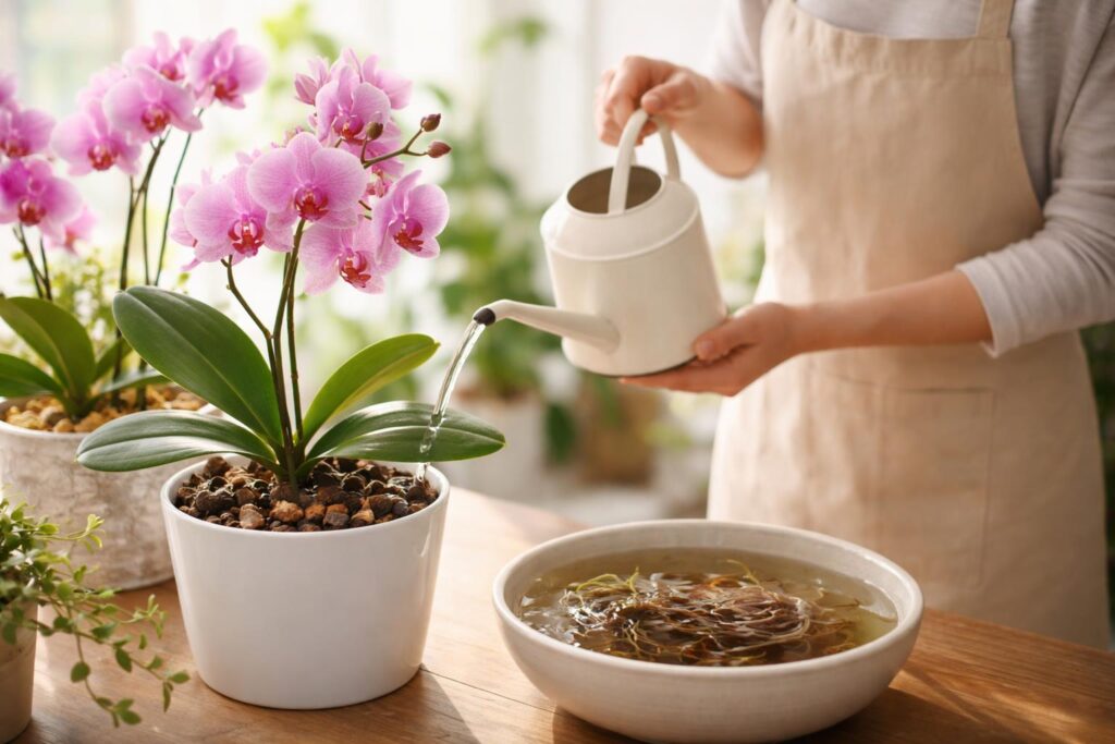 Orchidea növény levelekkel és öntöző kanna csepegtetővel