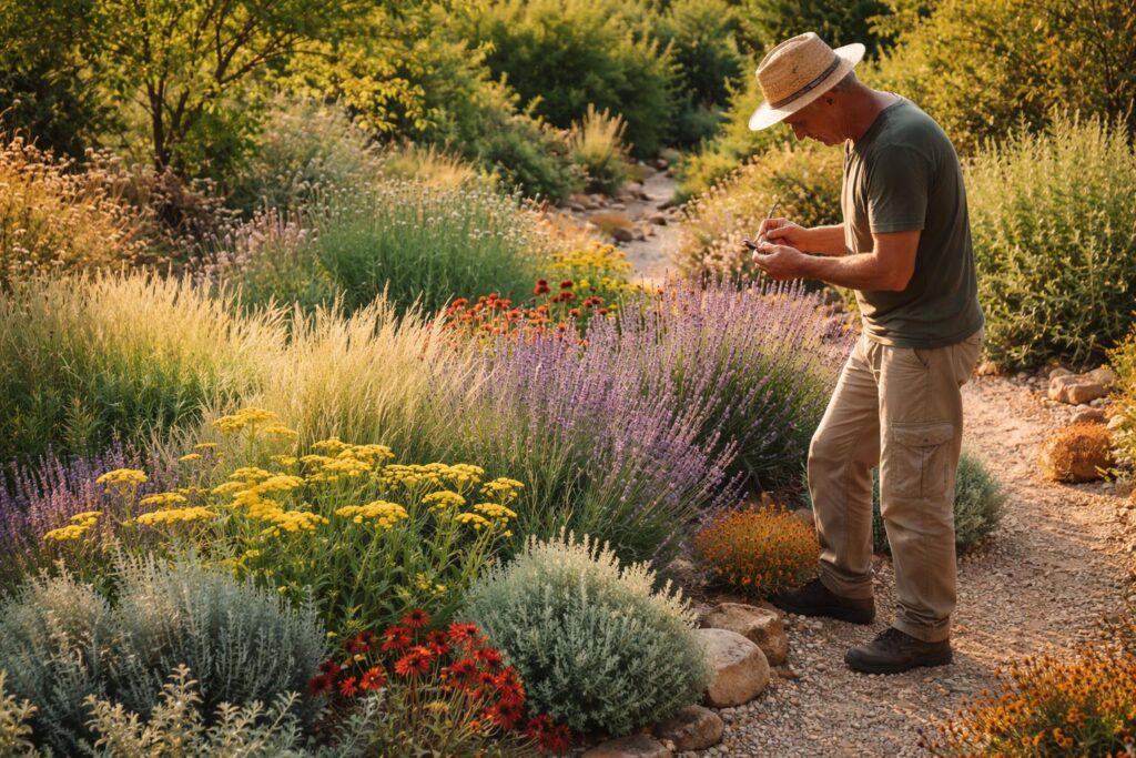 Szárazságtűrő kerti növények virágzás közben, magyar kertben