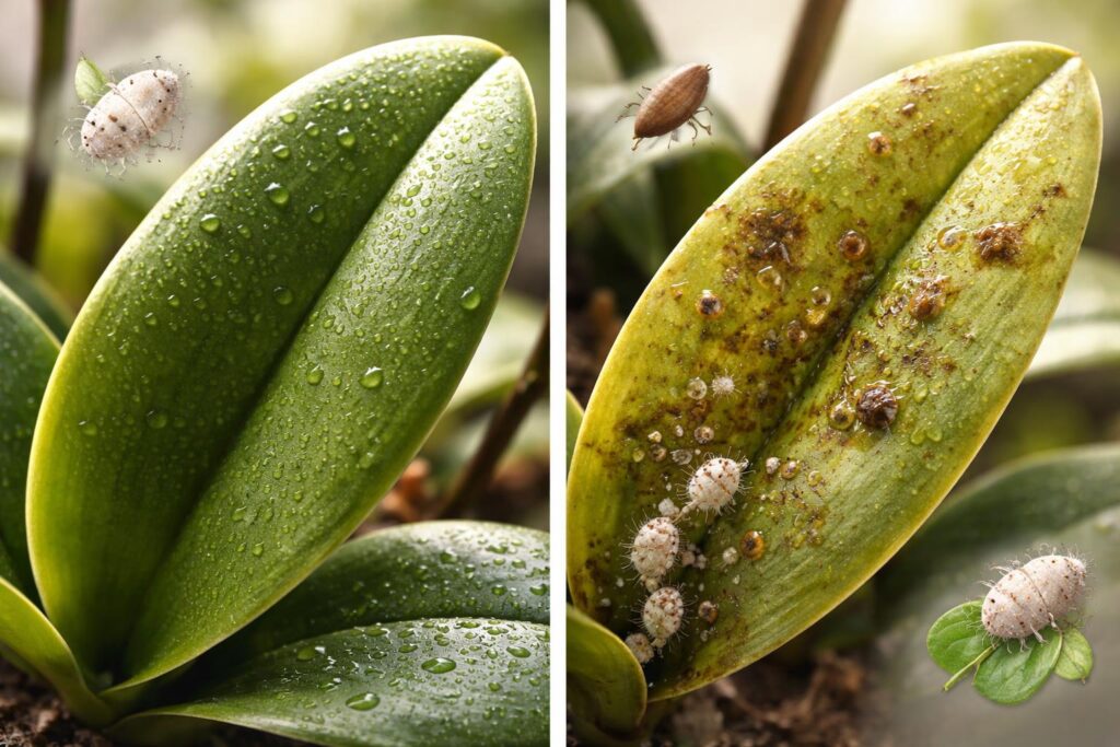 Orchidea levelek gyapjastetű és pajzstetű kártevőkkel