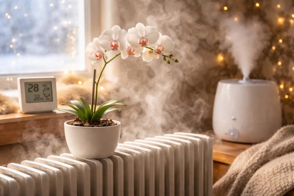 Orchidea virág radiátor felett téli párásítás közben