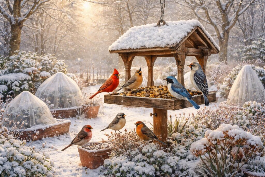Télen madáretetés, kertvédelem hideg időben, madarak etetése