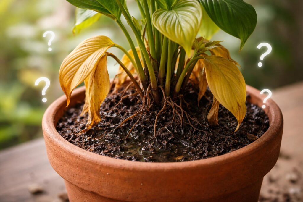 Túlöntözött növény levelei sárgulnak és gyökerei rothadnak