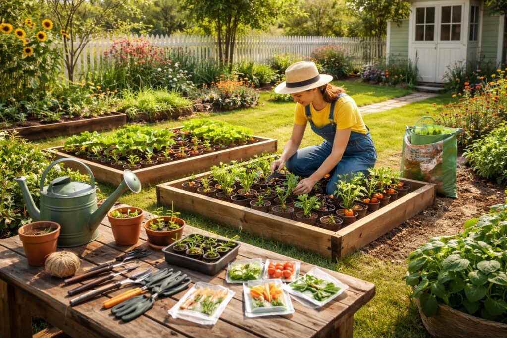 Friss zöldségek a konyhakertben növényágyások között