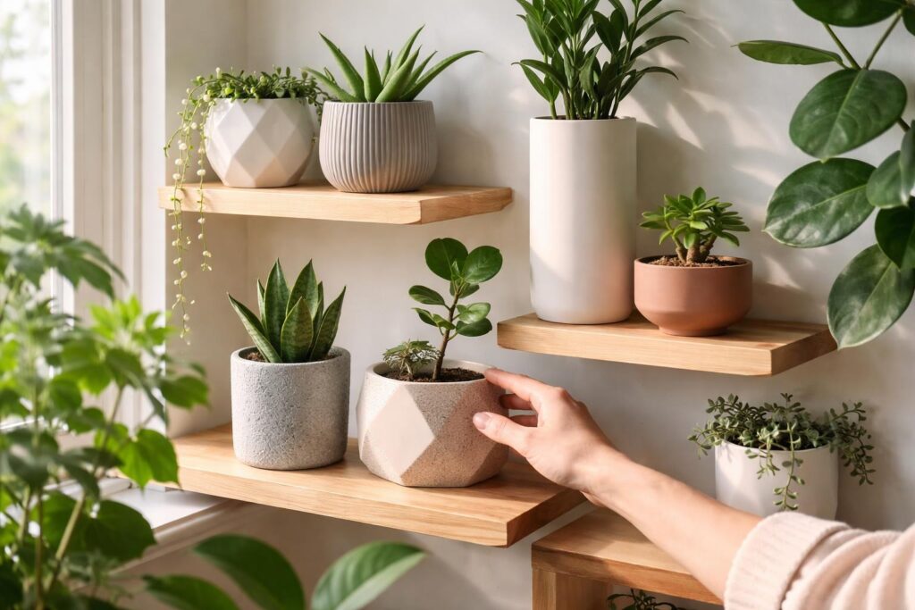 Modern kaspók és növények stílusos otthoni elrendezése