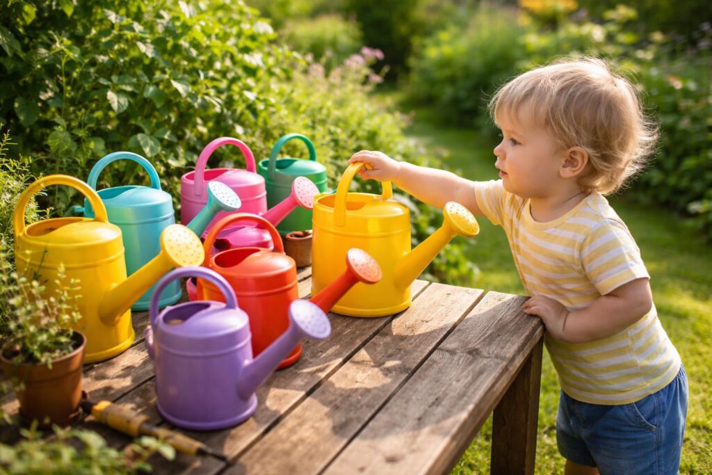 Öntözőkanna és kerti tömlő a kertben, használat közben