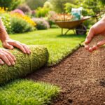 Gyönyörű zöld gyepszőnyeg egy családi kertben nyáron