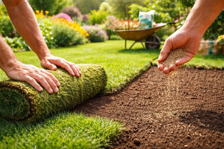 Gyönyörű zöld gyepszőnyeg egy családi kertben nyáron