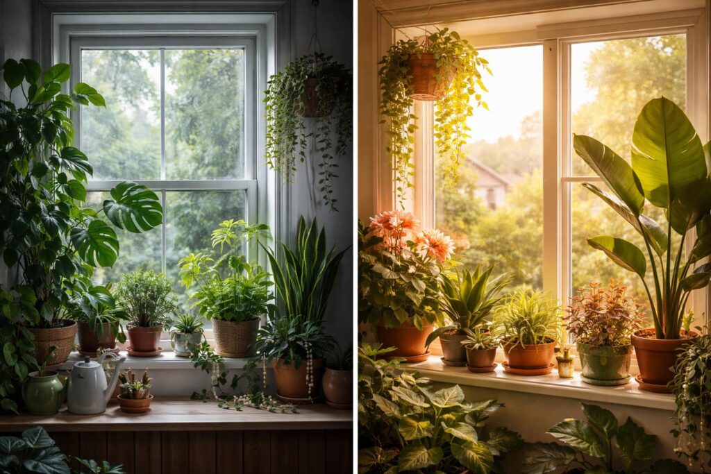 Északi és déli ablakok fénye mesterségesen megvilágított szobanövényekkel
