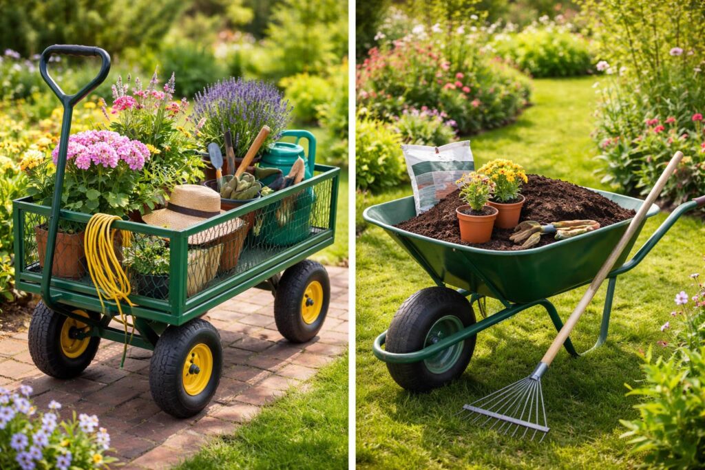 Kerti kocsi és talicska összehasonlítása kerti munka közben
