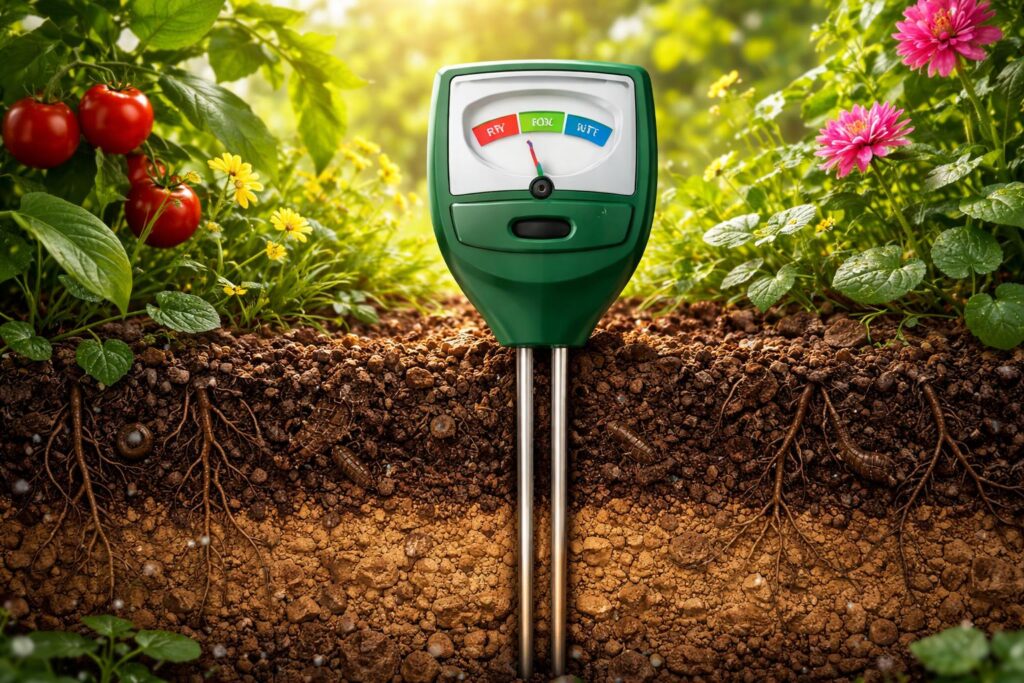 Talajnedvesség mérők mérést végeznek a kertben túlöntözés ellen