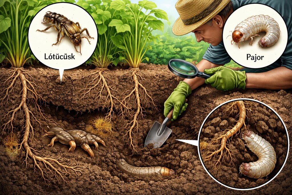 A lótücsök és pajor kártételek felismerése a talajban