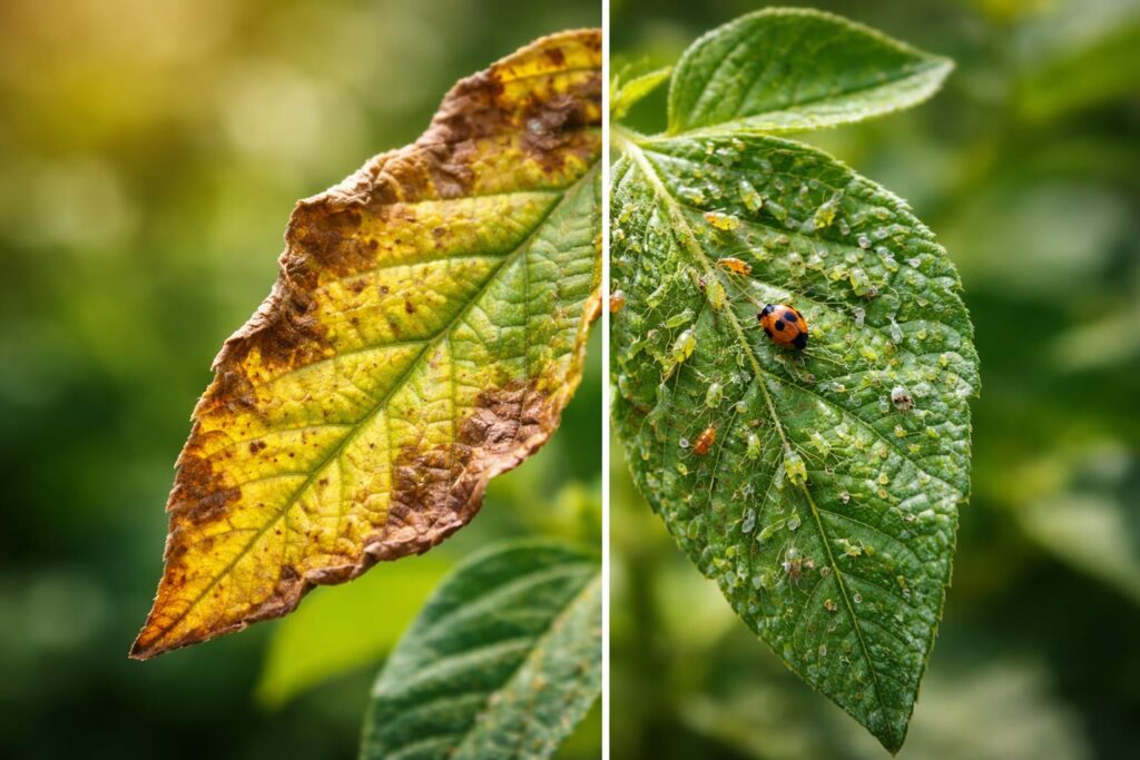 Elsárgult levelek közeli képe a növényen, a tápanyaghiány jeleivel