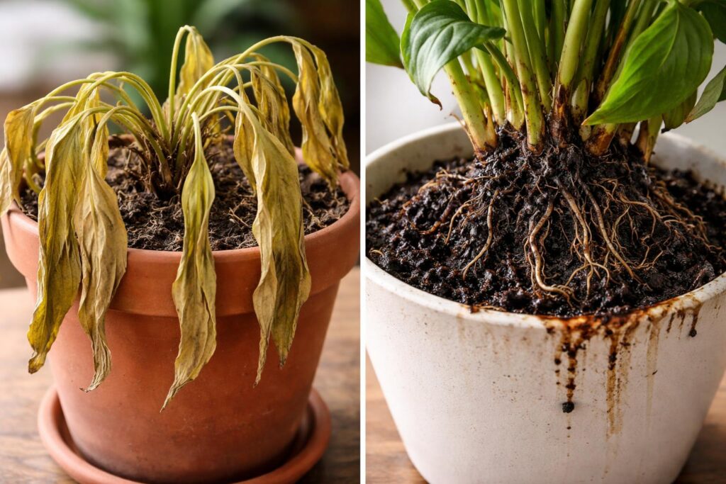 Túlöntözött növény levelei sárgulnak és fonnyadnak