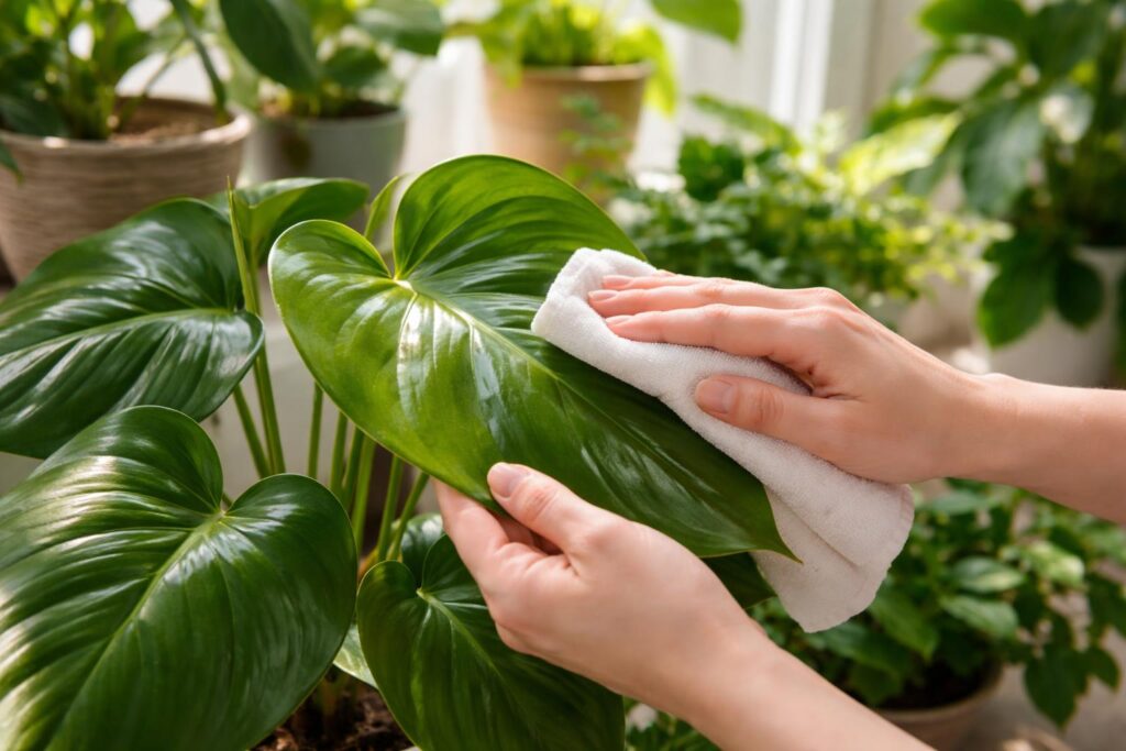 Szobanövény leveleinek biztonságos tisztítása és fényesítése otthon
