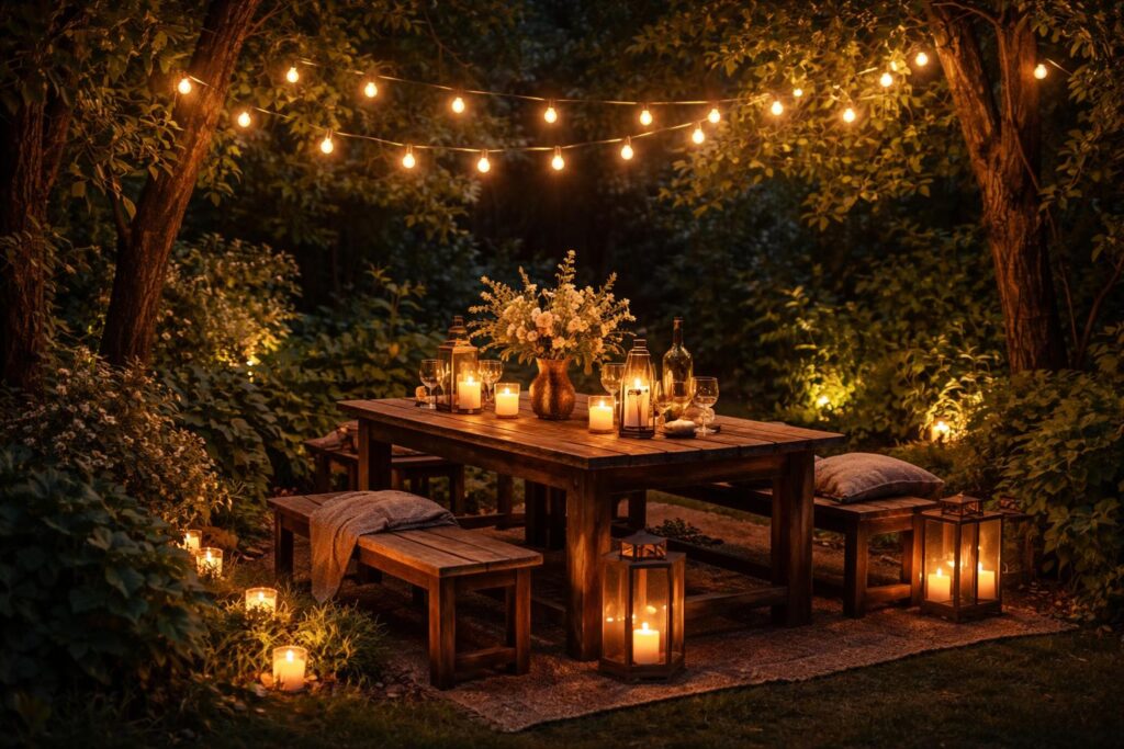 Hangulatos kerti világítás esti fényekkel és dekoratív lámpákkal