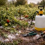 Jégeső és szélvihar okozta károk a kertben, sérült növények