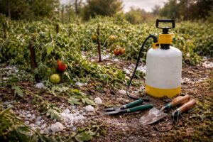 Jégeső és szélvihar okozta károk a kertben, sérült növények