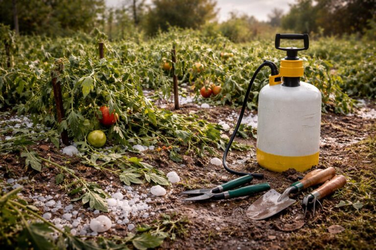 Jégeső és szélvihar okozta károk a kertben, sérült növények