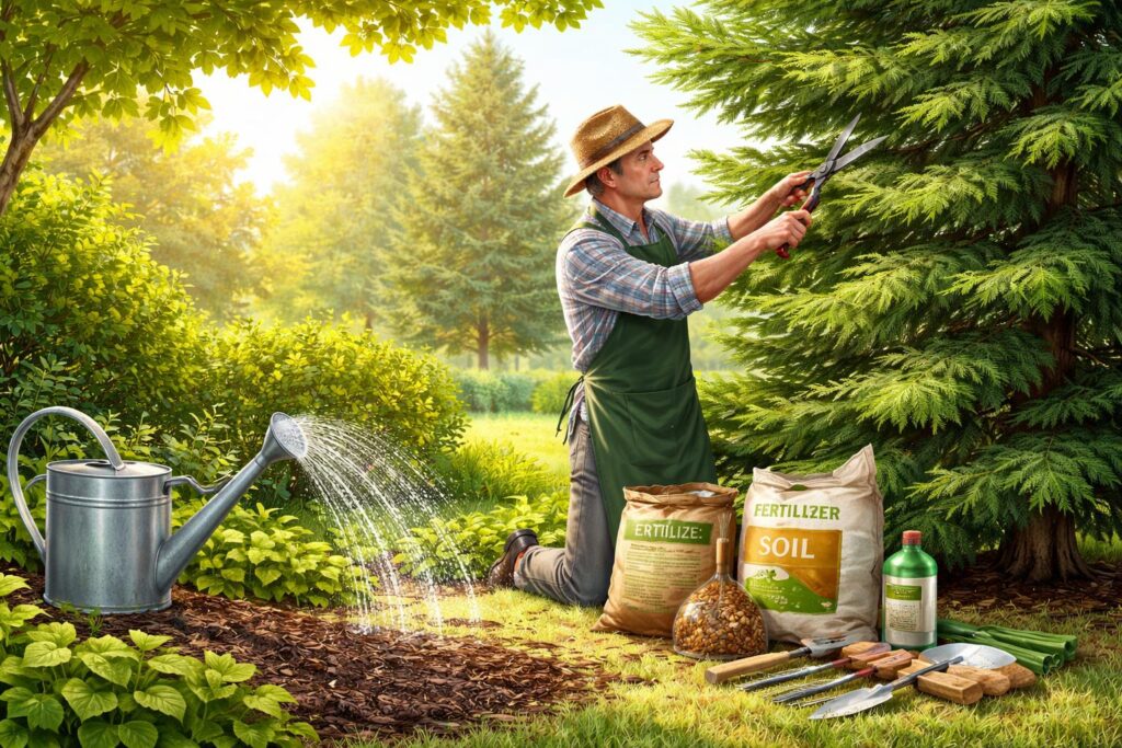 Egészséges tűlevelű növény gondozása, metszés, öntözés, tápanyagok.